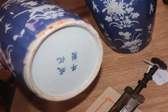 A pair of 19th century Chinese blue ground vases, with white floral decoration